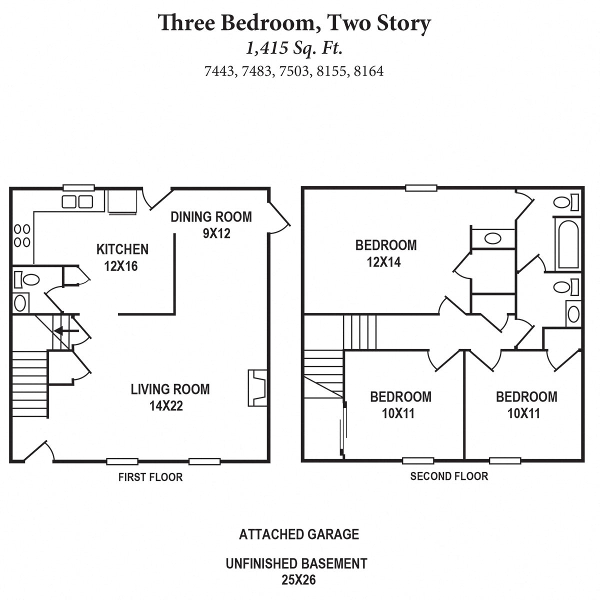 Floor plan for 3 beds, 1.5 baths, 1430 sqft
